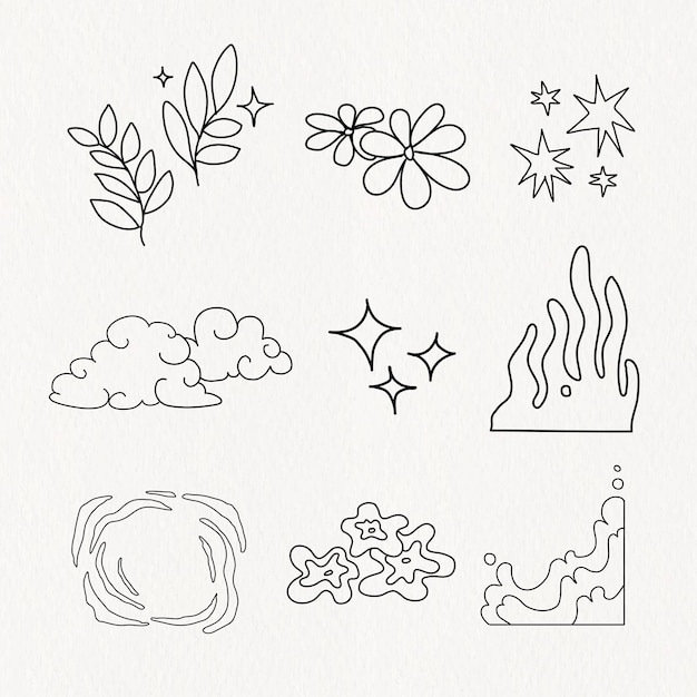 Naturaleza abstracta, conjunto de elementos de collage de diseño de doodle