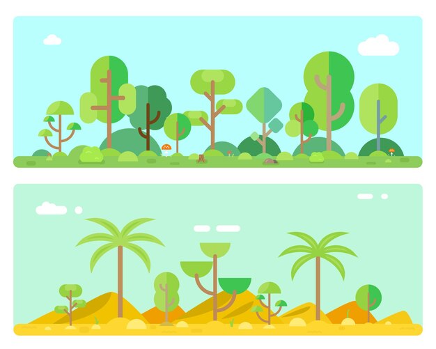 Naturaleza del bosque con arbustos y árboles, ilustración de madera verde de bosque de paisaje