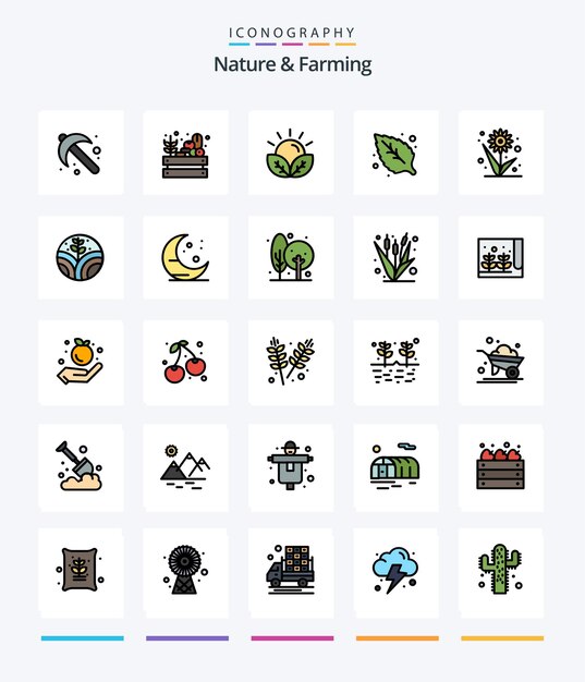 Naturaleza creativa y agricultura Paquete de iconos llenos de 25 líneas, como flor, hoja, agricultura, jardín verde