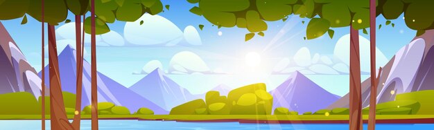 Naturaleza de montaña de primavera y plantas de bosque verde ilustración de paisaje de vector Paisaje de dibujos animados de colina de verano con nube de lago o estanque y rayo de sol Valle soleado cerca de río que fluye con árboles y arbustos
