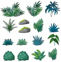 Vector gratuito naturaleza39s elementos conjunto de plantas hojas de musgo y piedra