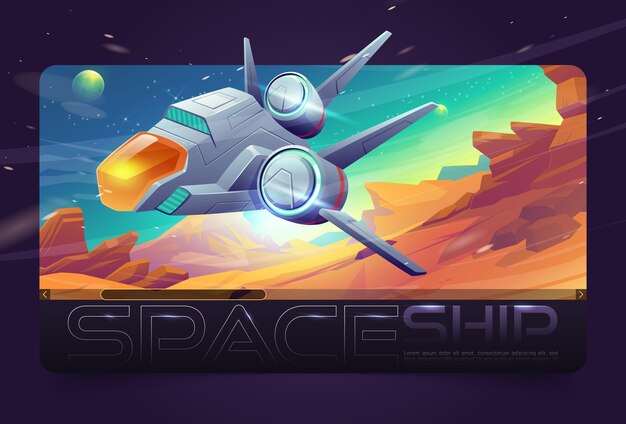 Nave espacial de dibujos animados volando fondo de planeta alienígena