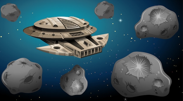 Nave espacial en escena de asteroides