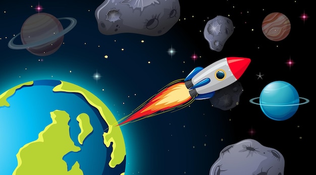 Nave espacial en escena espacial con planetas y asteroides.