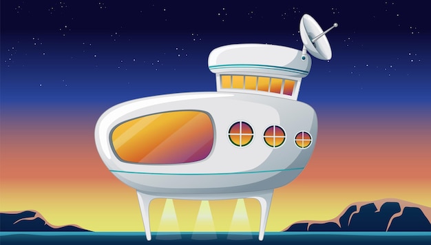 La nave espacial futurista sobre el paisaje alienígena