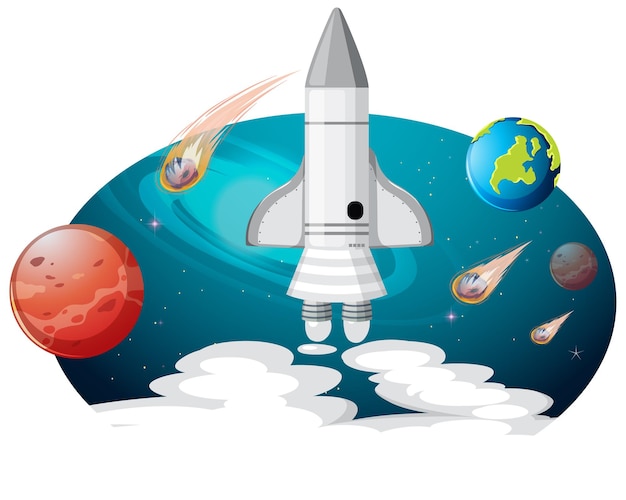 Nave espacial con muchos planetas y asteroides.