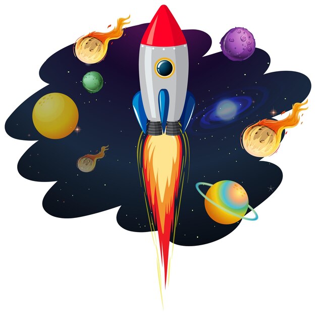 Nave espacial con muchos planetas y asteroides.