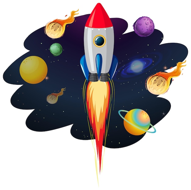 Nave espacial con muchos planetas y asteroides.