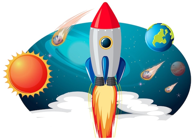Nave espacial con muchos planetas y asteroides.