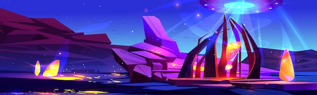 Nave espacial ovni volando sobre el paisaje del planeta alienígena con piedras y cristales amarillos mágicos Vector fantástica ilustración de dibujos animados de platillo volador no identificado cohete redondo y superficie del planeta en la noche