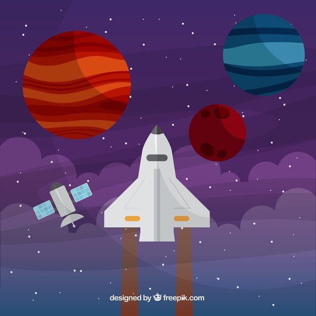 Vector gratuito nave espacial con planetas fondo