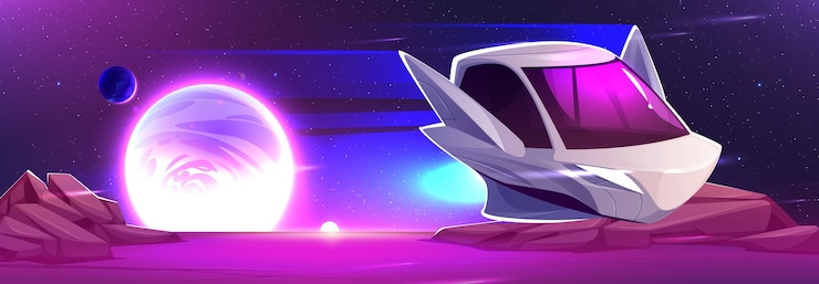 Vector gratuito nave espacial volando sobre una superficie alienígena rocosa ilustración de dibujos animados vectoriales del paisaje espacial con planetas estrellas en el cielo nocturno oscuro transbordador futurista moviéndose en el cosmos a alta velocidad misión científica