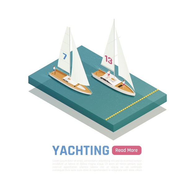 Navegación ilustración en color isométrica con dos yates compiten por la victoria en el agua