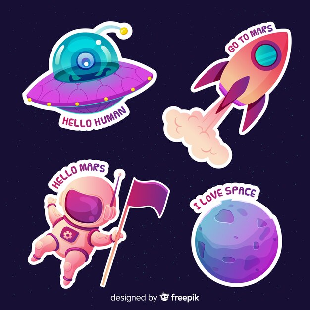 Naves espaciales y colección de pegatinas de planetas