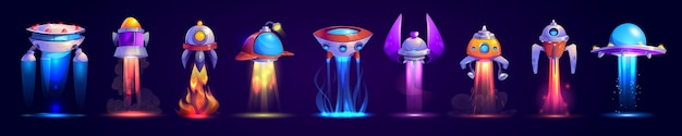 Vector gratuito naves espaciales extraterrestres dibujos animados ufo platillos y cohetes
