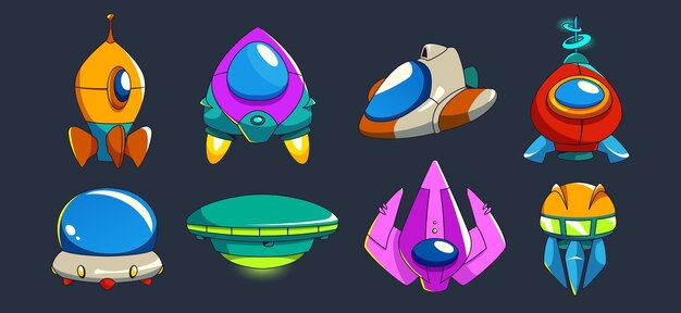 Naves espaciales y ovnis alienígenas juego de dibujos animados vectoriales