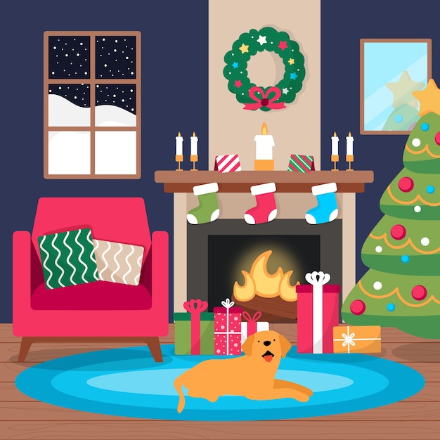 Vector gratuito navidad chimenea escena cocnept dibujado a mano