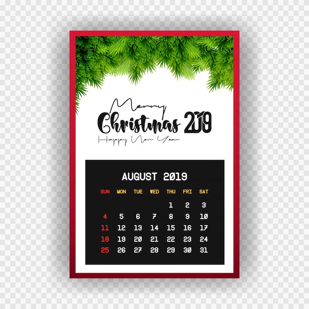 Vector gratuito navidad feliz año nuevo 2019 calendario agosto
