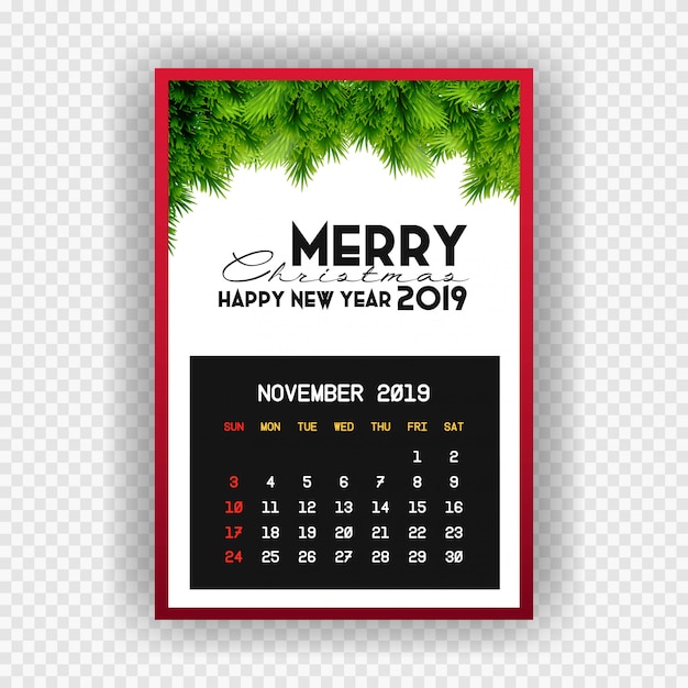 Vector gratuito navidad feliz año nuevo 2019 calendario noviembre