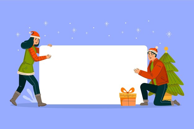 Navidad hombre y mujer sosteniendo pancarta en blanco