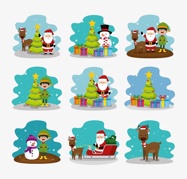 Navidad con muñeco de nieve y conjunto de personajes