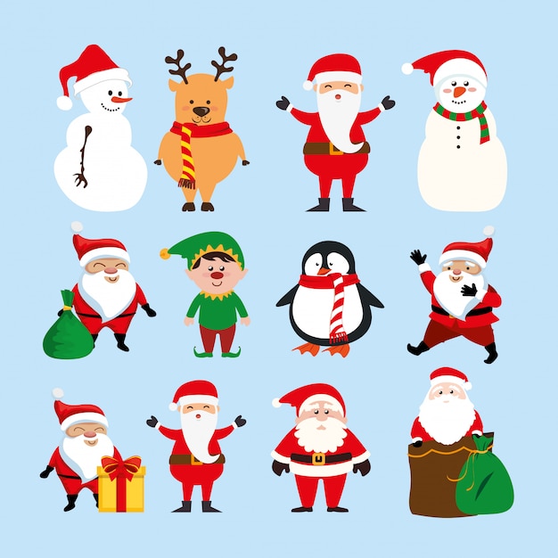 Vector gratuito navidad con santa claus y conjunto de personajes