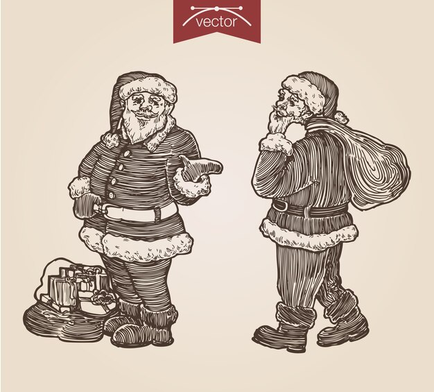 Navidad Santa set grabado dibujado a mano