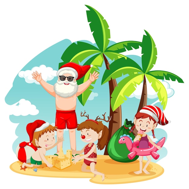 Vector gratuito navidad de verano con papá noel y niños