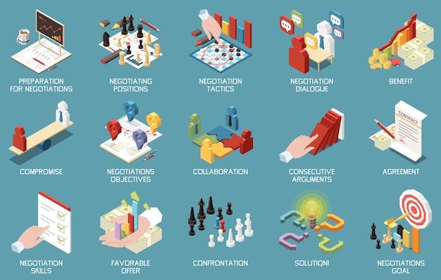 Negociaciones comerciales y acuerdos iconos isométricos conjunto ilustración vectorial aislado