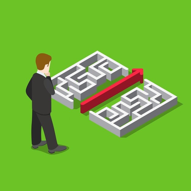 Negocio laberinto rompecabezas solución plana 3d web isométrica concepto de infografía
