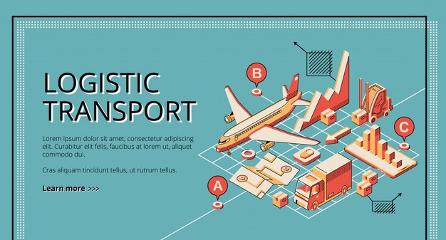 Negocio logístico transporte web isométrico banner, landing page.