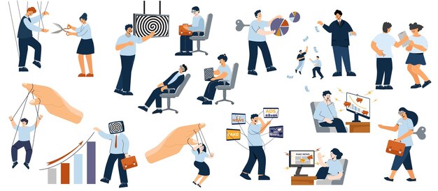 Negocio de manipulación de personas con iconos planos aislados de empleados de oficina títeres empleados que trabajan como zombis ilustración vectorial