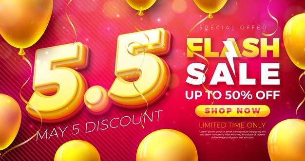 Negocio promocional 5 de mayo Diseño de venta flash con número 3d y globo de fiesta sobre fondo rojo