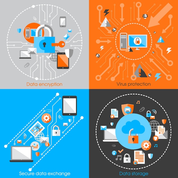 Vector gratuito negocio de la tecnología de protección de datos y la nube concepto de seguridad de red infographic elementos de diseño ilustración vectorial