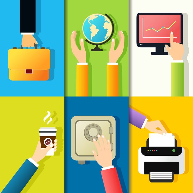 Negocios manos gestos elementos de diseño de la celebración maletín mundo apuntando en el monitor aislado ilustración vectorial