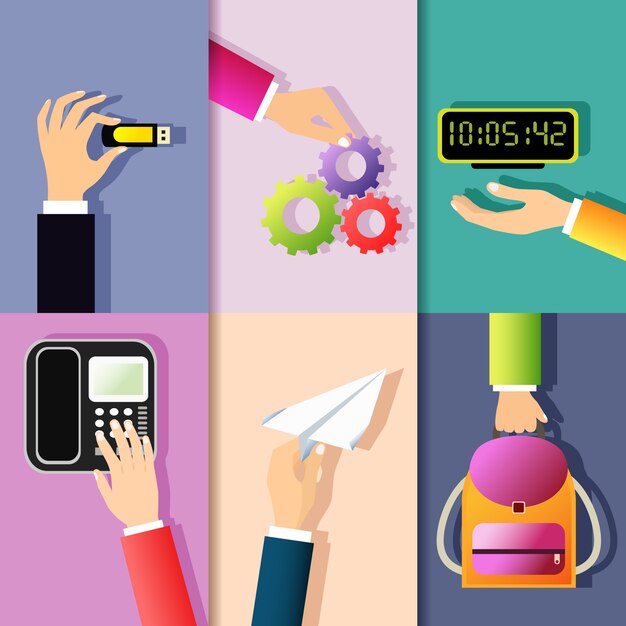 Negocios manos gestos elementos de diseño de la celebración de la memoria palo rueda dentada reloj digital aislado ilustración vectorial
