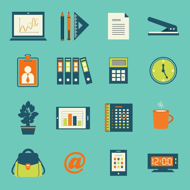 Negocios oficina de papelería iconos conjunto de smartphone tableta y ordenador portátil aislado ilustración vectorial