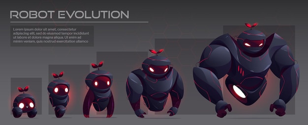 Vector gratuito negro ai robot evolución carácter tecnología infográfico vector futuro humanoide inteligencia artificial cyborg ingeniería con antena y ojos rojos enojados juego luchador o defensor progreso de la generación