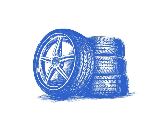 El neumático de un automóvil aislado en una ilustración vectorial dibujada a mano blanca
