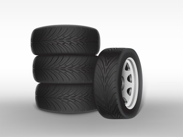 Neumático negro realista 3D apilado en la pila, acero brillante y rueda de goma para automóvil, automóvil