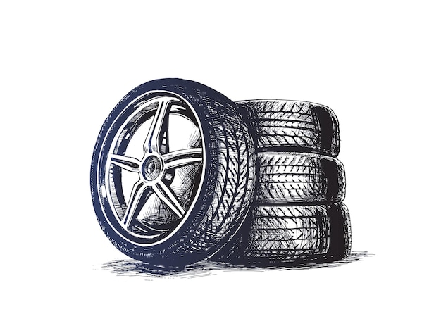 Vector gratuito neumático de rueda de coche aislado en blanco ilustración de vector de boceto dibujado a mano