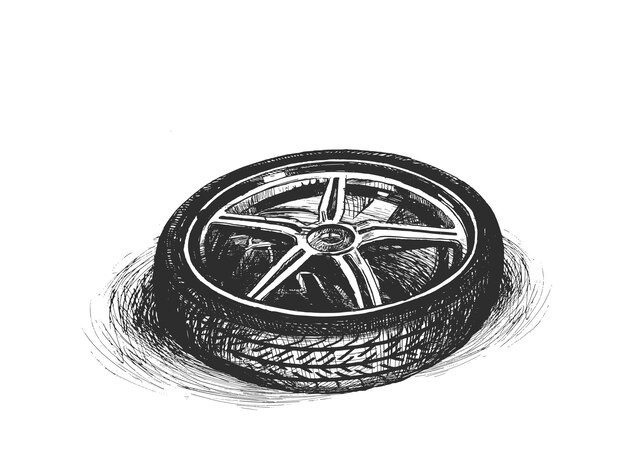 Neumático de rueda de coche aislado en blanco Ilustración de vector de boceto dibujado a mano