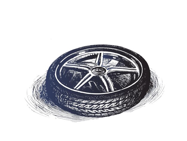Neumático de rueda de coche aislado en blanco Ilustración de vector de boceto dibujado a mano