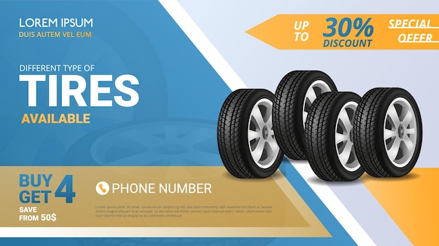 Neumáticos disponibles ilustración realista en color horizontal con oferta especial de hasta un 30 por ciento de descuento Vector Premium 