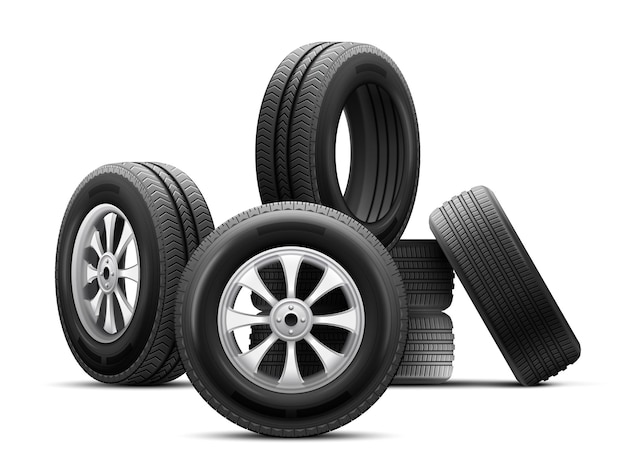 Neumáticos de rueda de coche apilados uno encima del otro composición realista en la ilustración de vector de fondo blanco