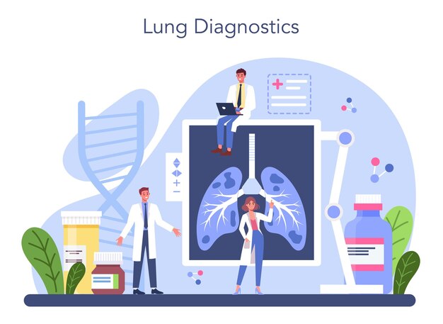 Neumólogo Idea de salud y tratamiento médico Sistema pulmonar saludable Tratamiento y diagnóstico de neumonía por asma Ilustración vectorial aislada