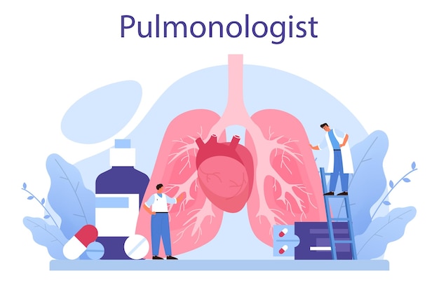 Neumólogo idea de salud y tratamiento médico sistema pulmonar saludable tratamiento y diagnóstico del neumotórax asmático ilustración vectorial aislada