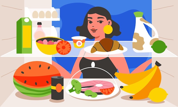 Vector gratuito nevera dentro del fondo de dibujos animados con una joven que elige productos saludables almacenados en los estantes de la ilustración vectorial plana del frigorífico