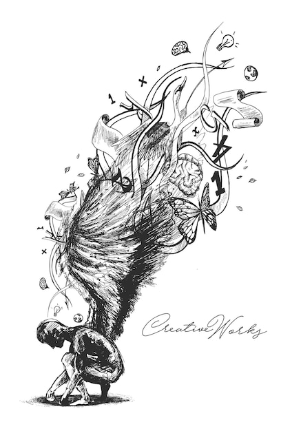 Ángel creativo con diseño de camiseta de alas largas Ilustración de vector de boceto dibujado a mano