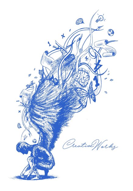 Ángel creativo con diseño de camiseta de alas largas Ilustración de vector de boceto dibujado a mano
